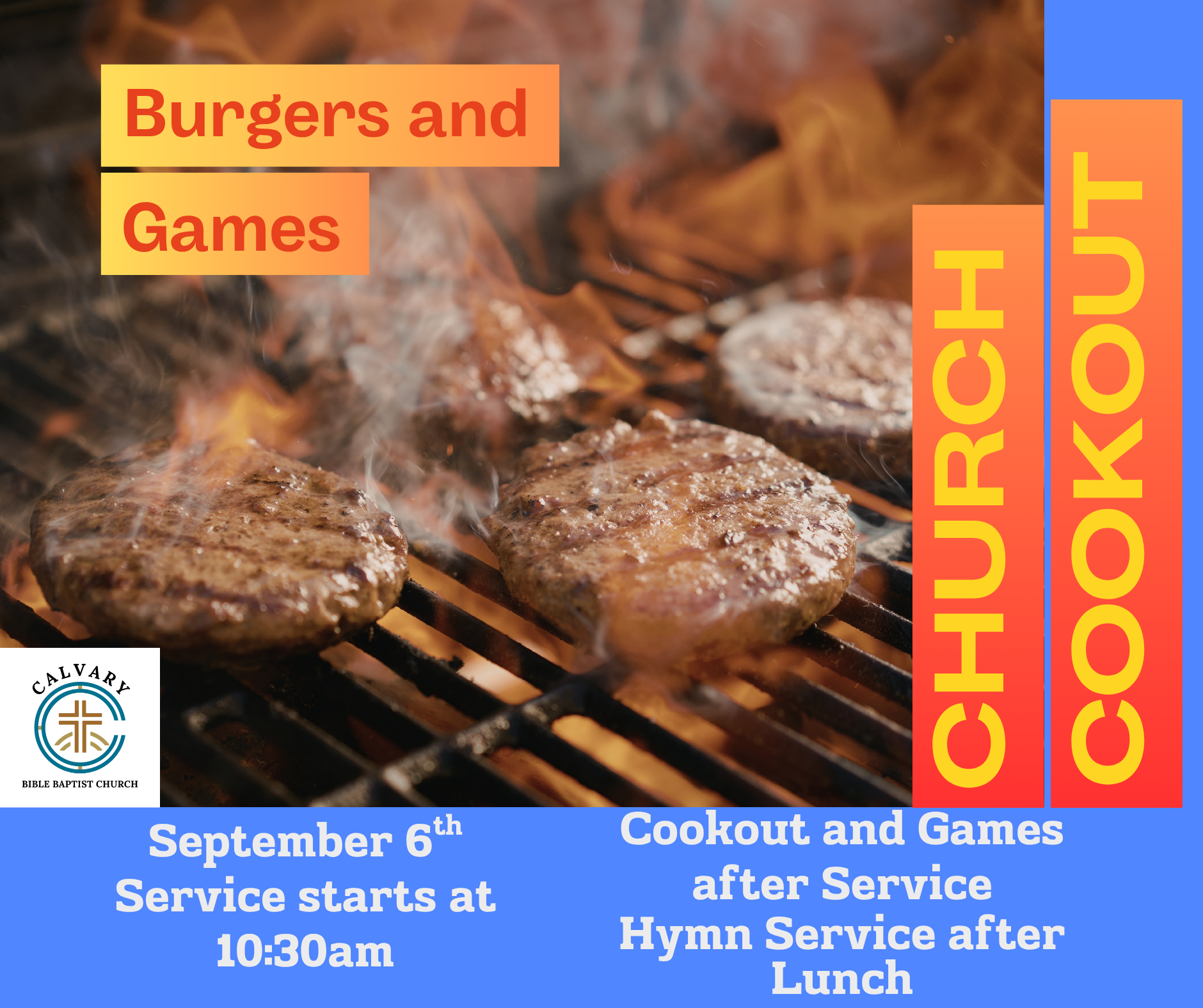 Infographic for cookout and games at Calvary Bible Baptist Church in Canton Ohio