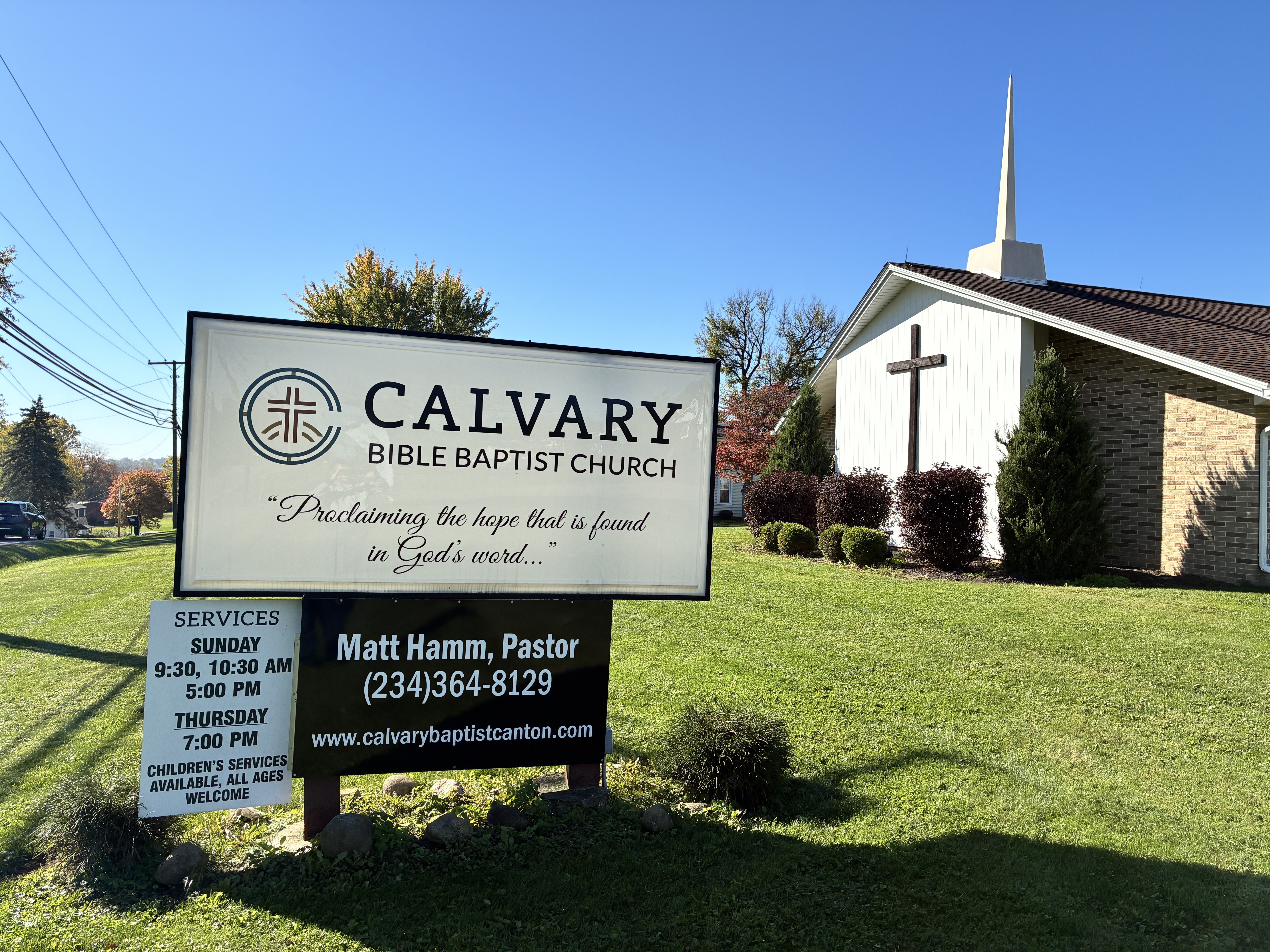 Calvary Bible Baptist Church in Canton Ohio church building and sign.